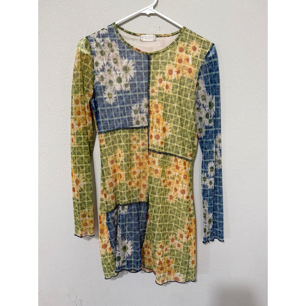 Altar'd State Mini Dress Womens L Yellow Patchwork Floral Mesh Lettuce Trim